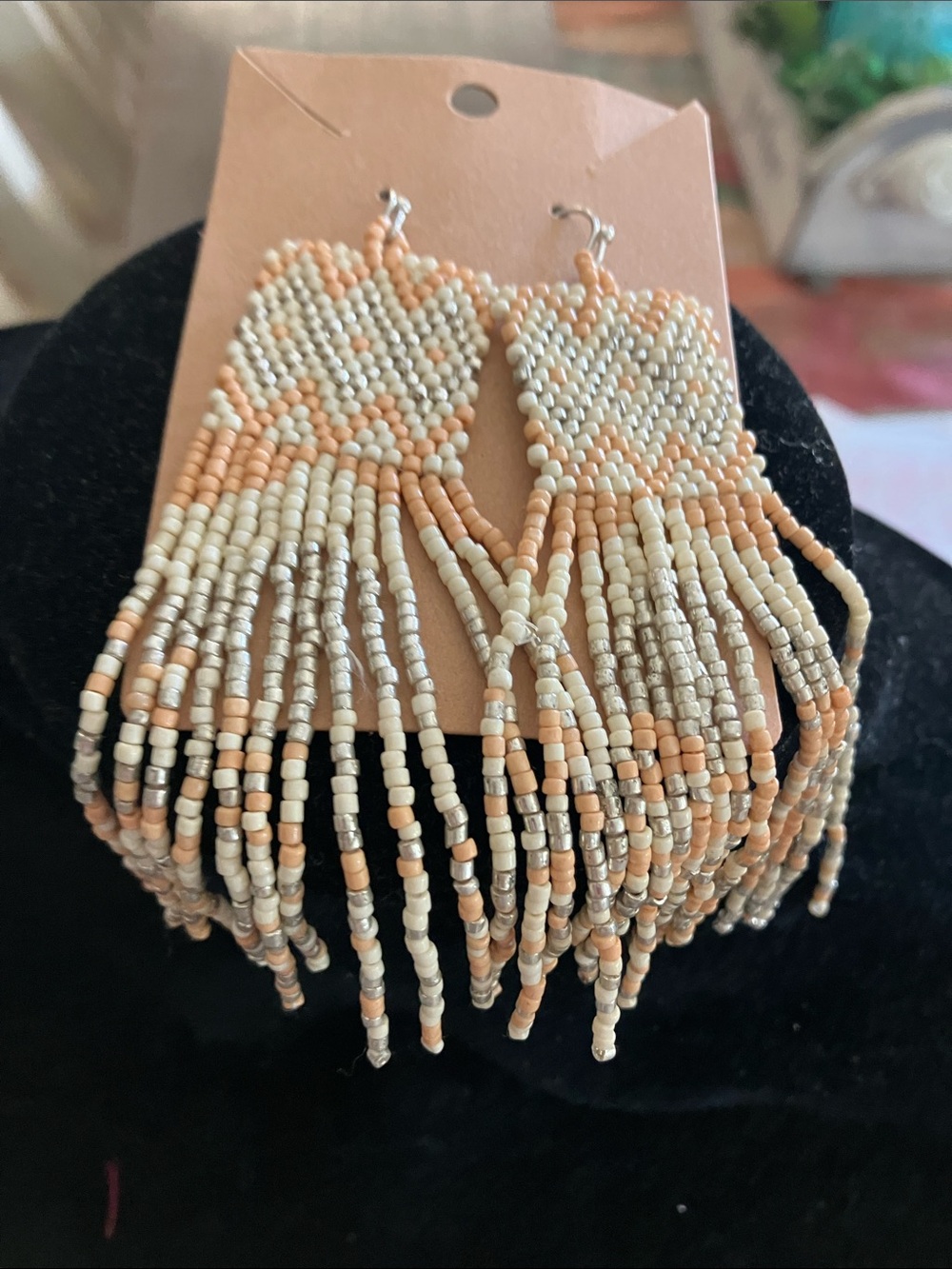 Handmade Beaded Fringe Earrings - Peach & Cream